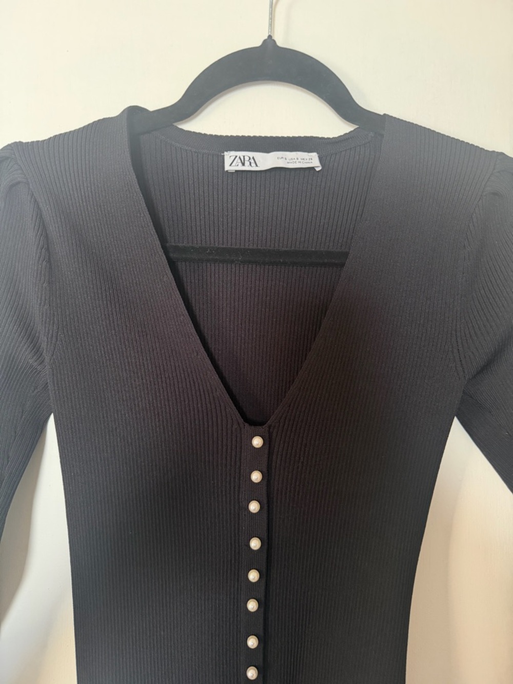 Zara Black Long Sleeve V-Neck Button-Front Knit Dress Very Stretchy - Picture 4 of 5
